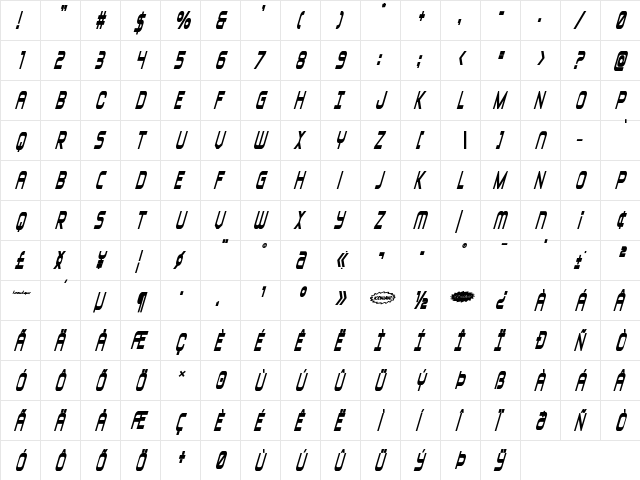 Blizzard Shaft Bold Italic Regular  glyph index