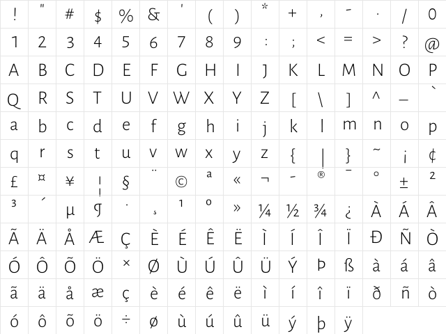 Luna Light Regular  glyph index
