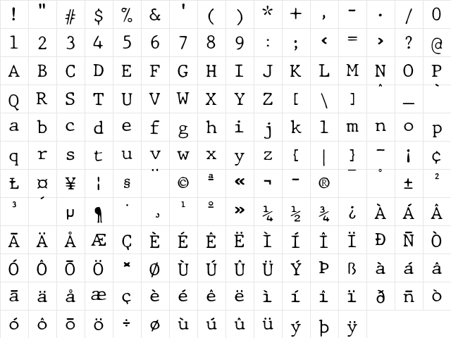 JMH Typewriter dry Thin Regular  glyph index
