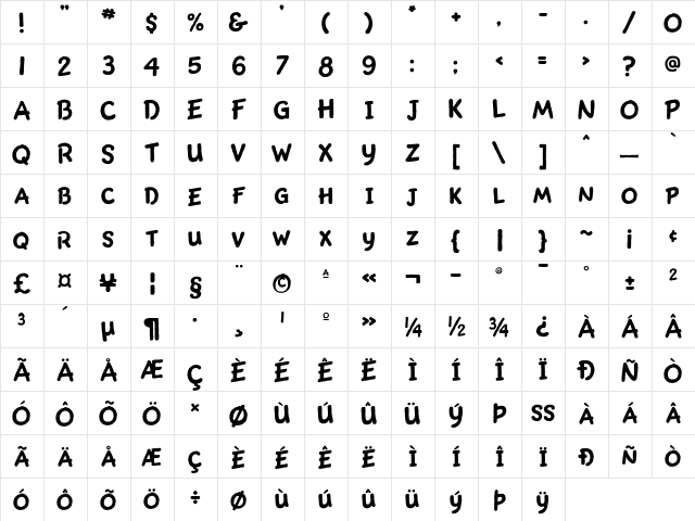 Valentina Regular  glyph index