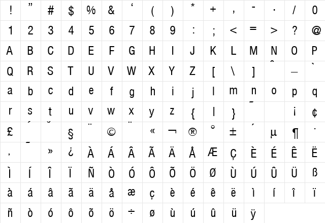 HelmetCondensed Bold  glyph index