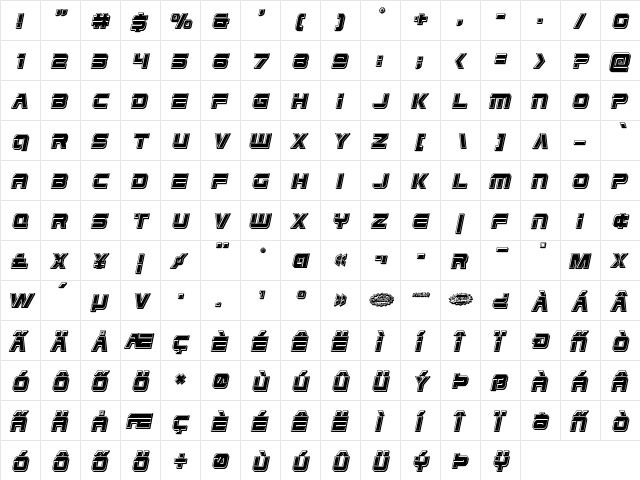 Edge Racer Bevel Italic Italic  glyph index