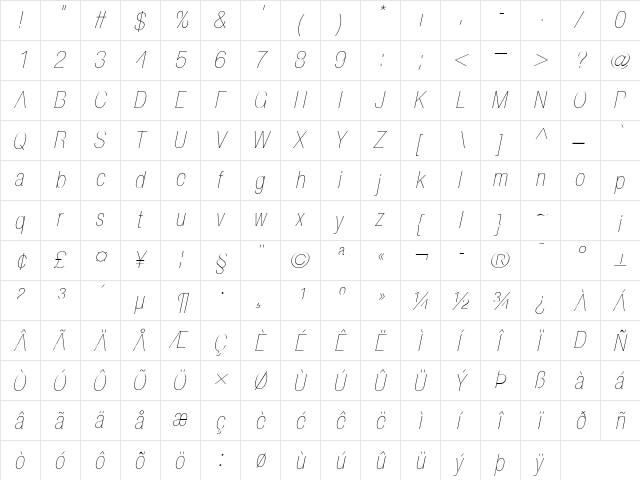 Helvetica Neue LT Pro 27 Ultra Light Condensed Oblique  glyph index