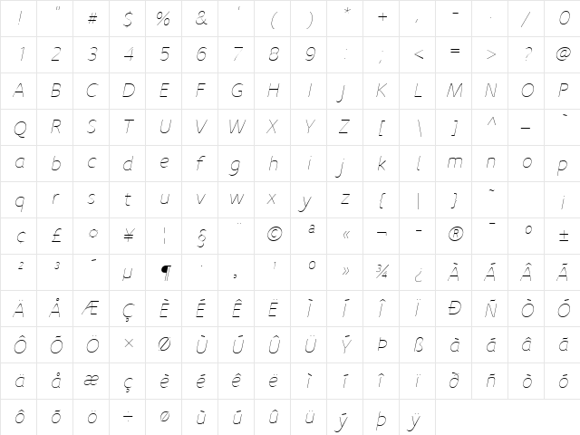 Speak-LightItalic Regular  glyph index