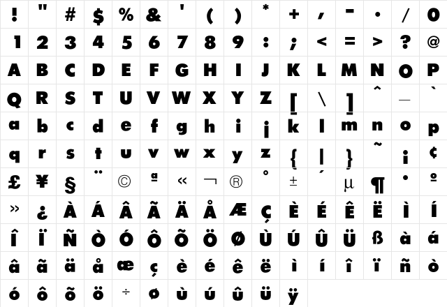 FuturaICG XBold  glyph index