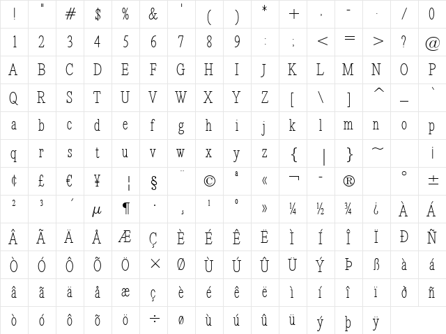 Revelation BTN Cond Regular  glyph index