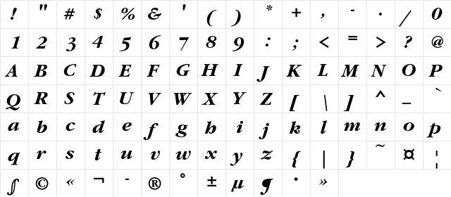 GaramondC Bold Italic  glyph index