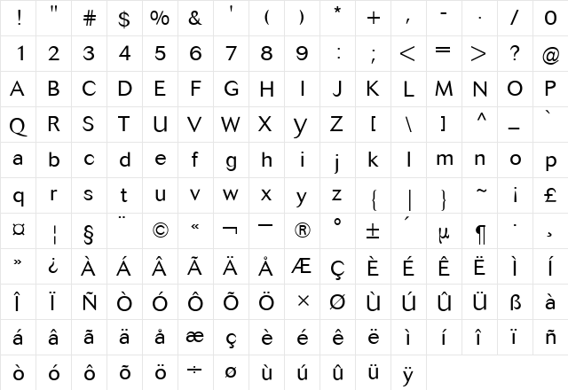 Cosmos BQ Regular  glyph index