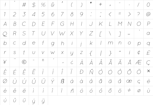 Quicksand Light Oblique  glyph index