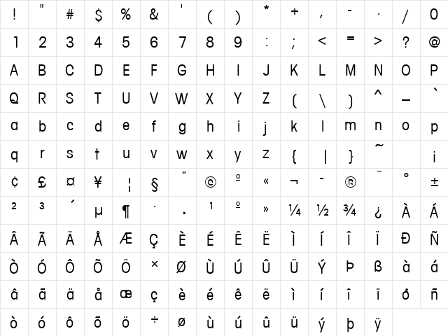 AvalonCond Regular  glyph index