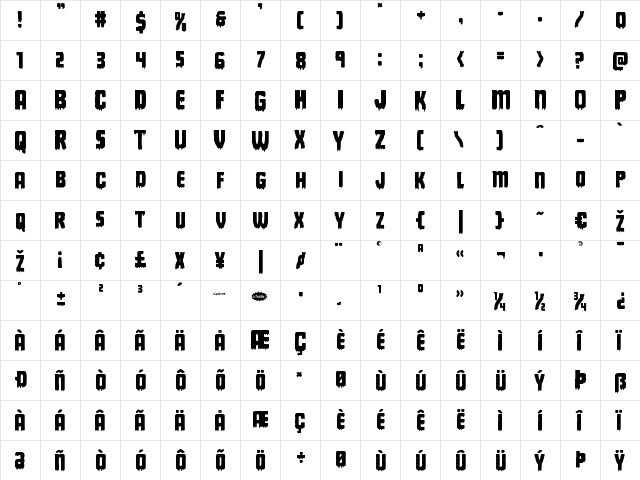 Deathblood Regular  glyph index