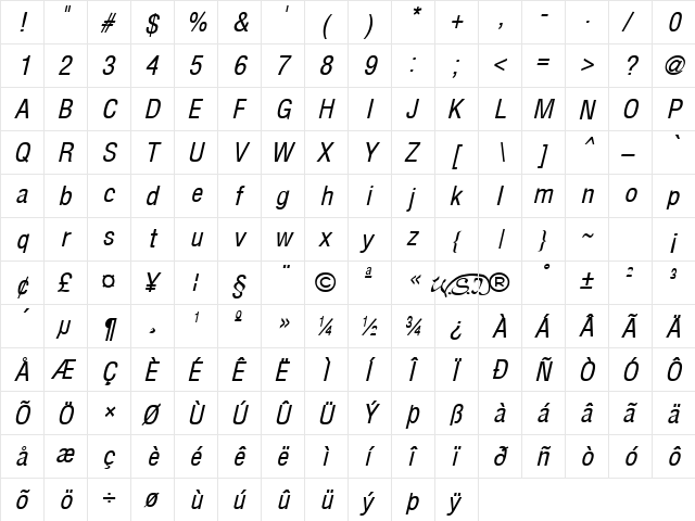 Arena Condensed Italic  glyph index