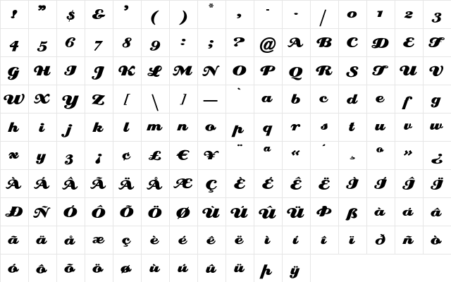 Creampuff Regular  glyph index