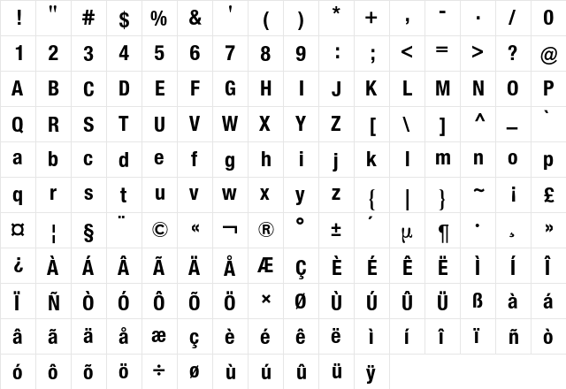 Neue Helvetica Condensed BQ Regular  glyph index