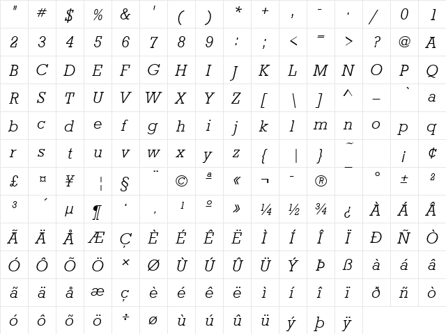 URWRogulusTLig Italic  glyph index