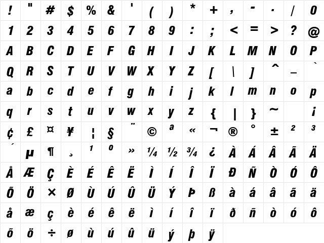 HalvettBlackCond Italic  glyph index