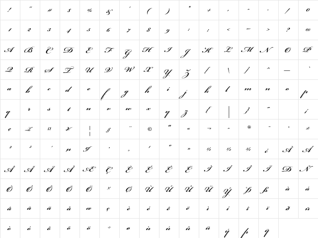 Bickham Script Std Bold  glyph index