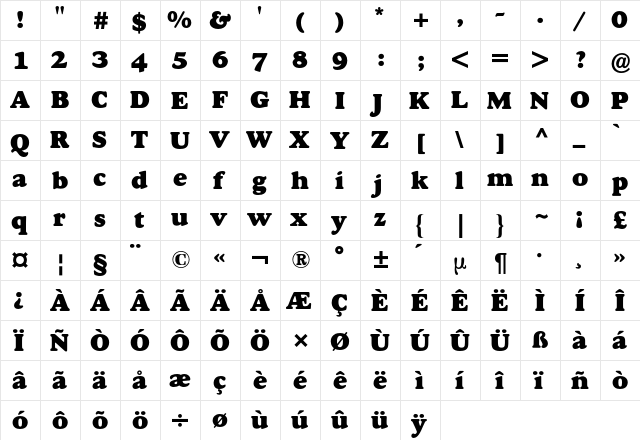 Goudy BQ Regular  glyph index