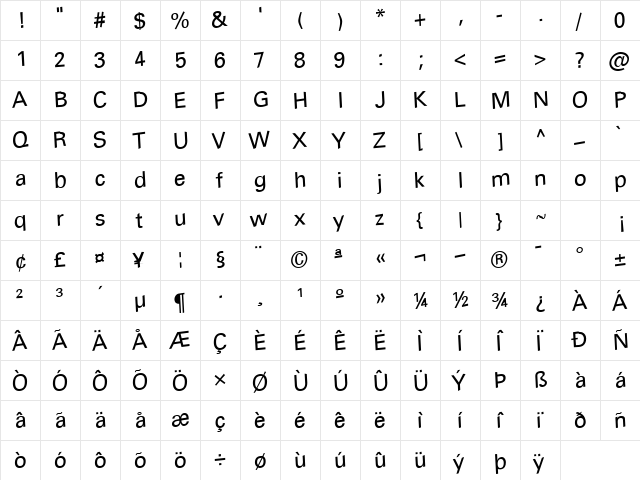 Barn Regular  glyph index