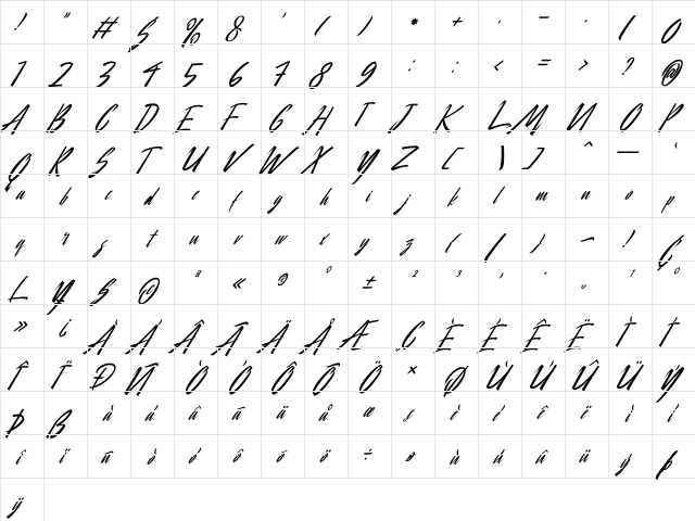 Bella Regina Due Italic Italic  glyph index