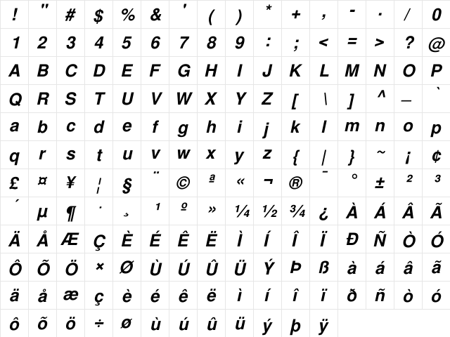 FreeSans BoldOblique  glyph index