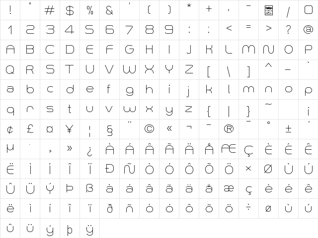 Smush Light Regular  glyph index