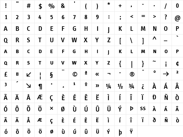 InfoText SemiBold  glyph index