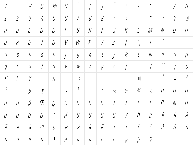CaseStudyNoOne LT Light Italic  glyph index