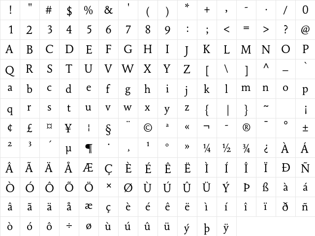 Maxime Std Regular  glyph index