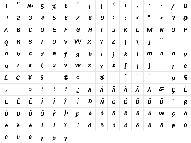 Eunuverse ItalicBold  glyph index