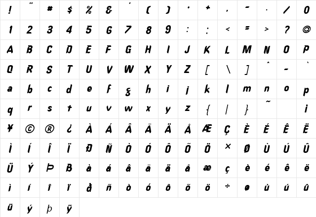 Callimarker Italic  glyph index
