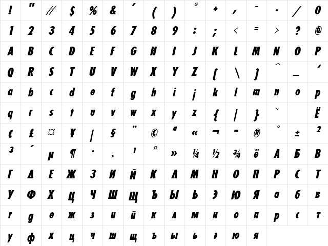 Fortuna Extra Condensed Bold Italic  glyph index