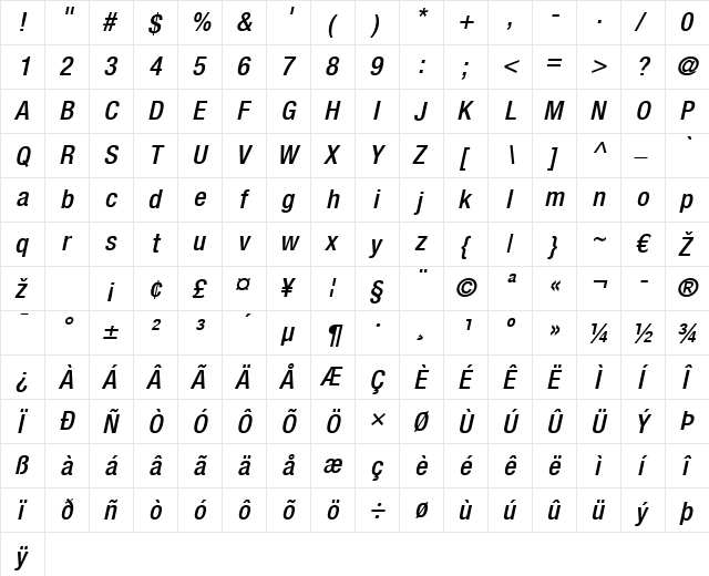 HelveticaNeue LT 67 MdCnObl Regular  glyph index