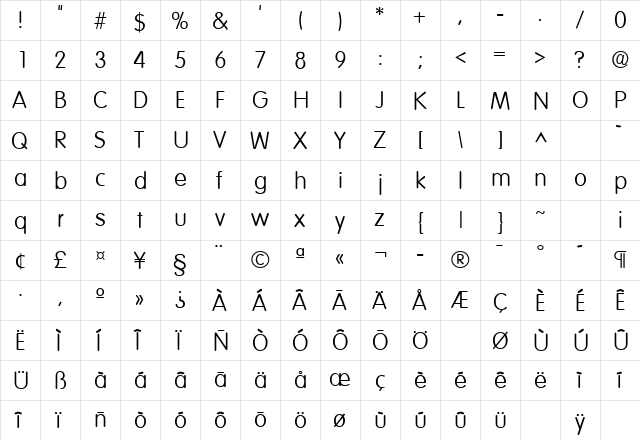 Elementary SF Regular  glyph index