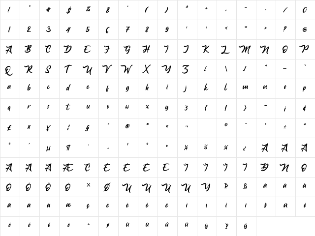 Anjelica Script Regular  glyph index