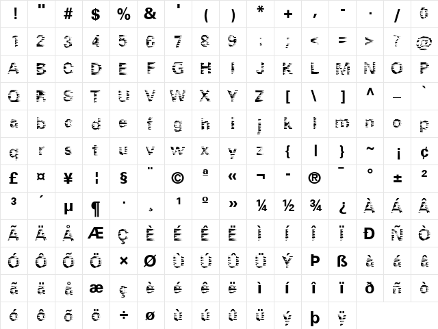 Blastered Medium  glyph index