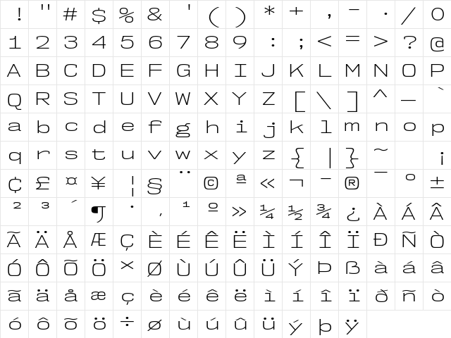 NK57 Monospace Expanded Light  glyph index
