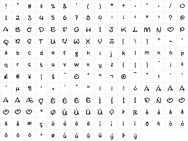 LoveBug Regular  glyph index