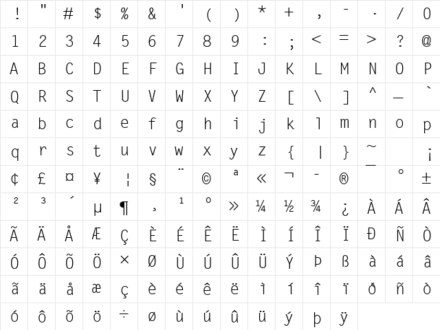 Letter Gothic MT Regular  glyph index