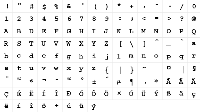 Courier (WE) Bold  glyph index