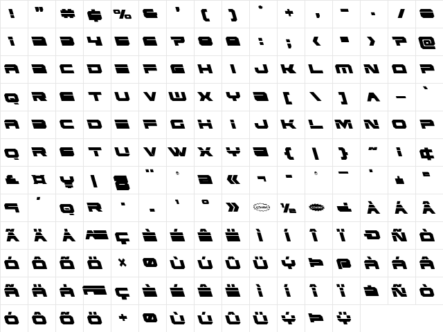 Eridanus Condensed Leftalic Condensed Italic  glyph index