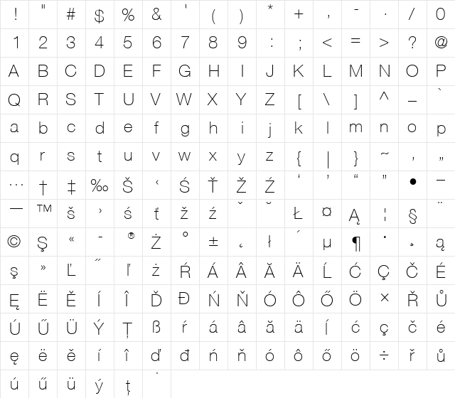 Helvetica CE 35 Thin Regular  glyph index