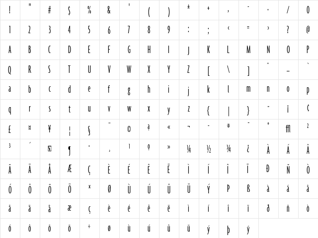 Agenda LightUltraCondensed  glyph index