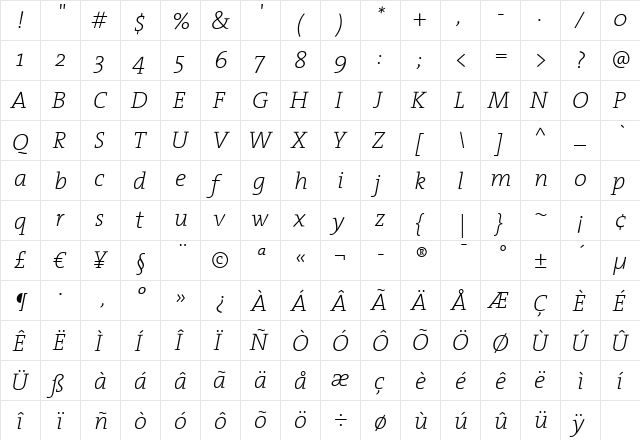 TheSerif ExtraLight Italic  glyph index