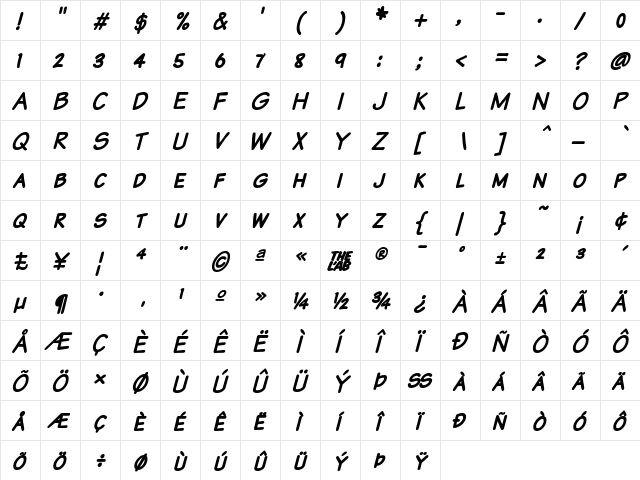 Komika Text Kaps Bold Italic  glyph index