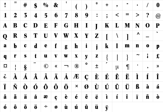 ConcordeCondensedBQ Regular  glyph index
