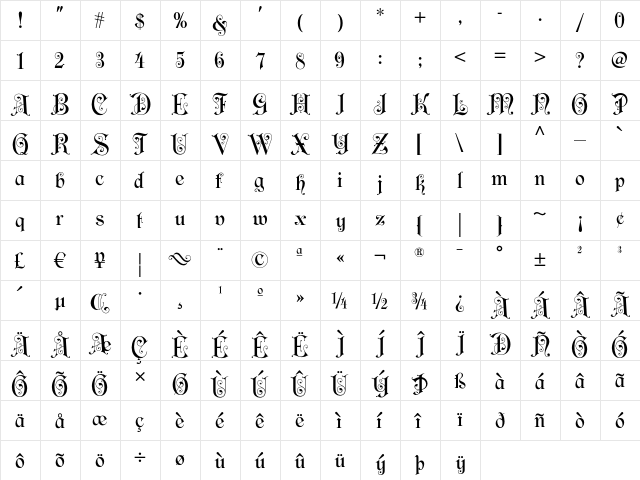 Filibuster NF Regular  glyph index