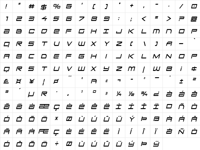 Sky Ridge Extra-Condensed Ital Regular  glyph index
