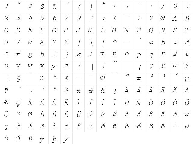 Prestige Becker Oblique  glyph index