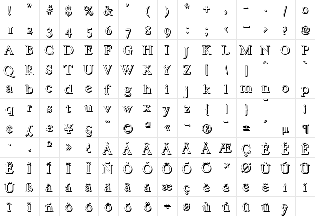 CasablancaShadow-Light Regular  glyph index
